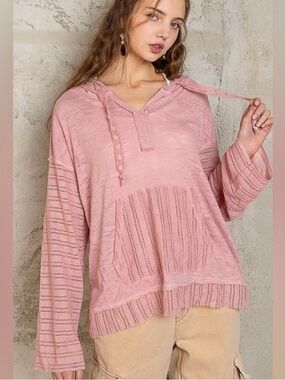 POL Mauve Pink Lightweight Knit Hoodie Boho Beach Cover Up Resort Top